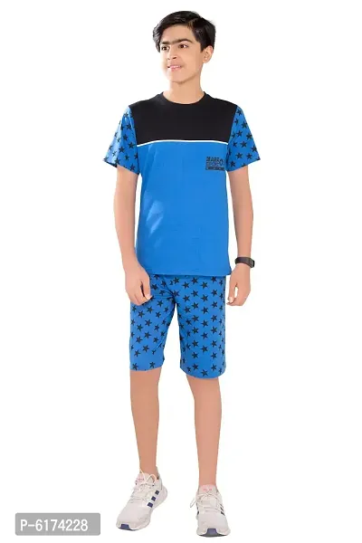 Stylish Cotton Blue Round Neck Half Sleeves T-shirt With Capri For Boys