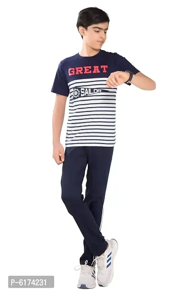 Stylish Cotton Navy Blue Round Neck Half Sleeves T-shirt With Trouser For Boys