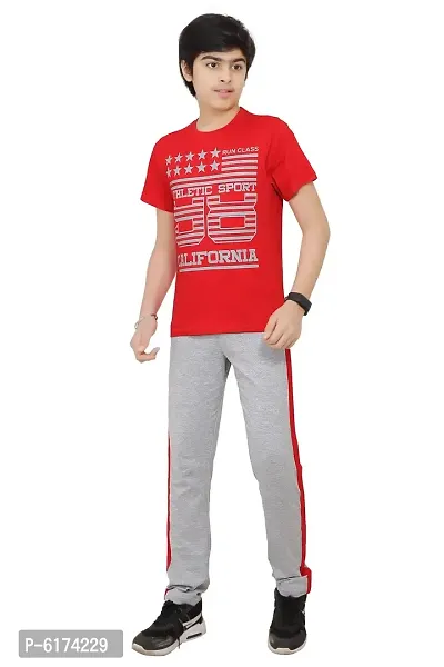Stylish Cotton Red Round Neck Half Sleeves T-shirt With Trouser For Boys