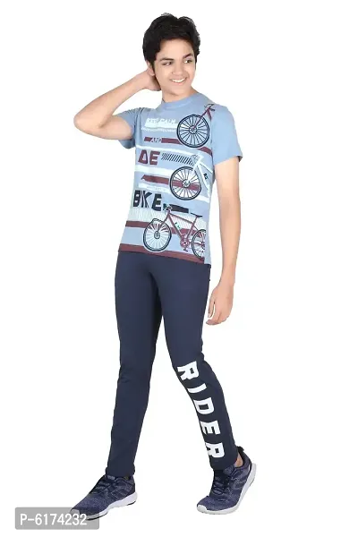 Stylish Polycotton Blue Round Neck Half Sleeves T-shirt With Trouser For Boys