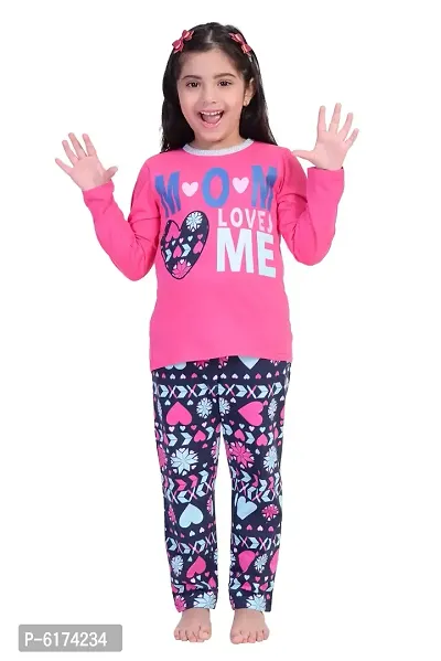 Stylish Cotton Pink Round Neck Full Sleeves T-shirt With Pajama For Girls