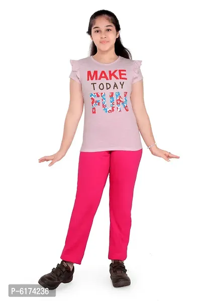 Stylish Cotton Pink Round Neck Half Sleeves Top With Pajama Set For Girls