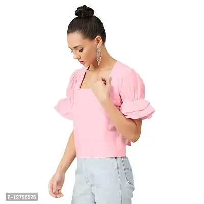 PoshBery Pink Square Neck Cotton top with Puff Sleeve Detail_L-thumb2