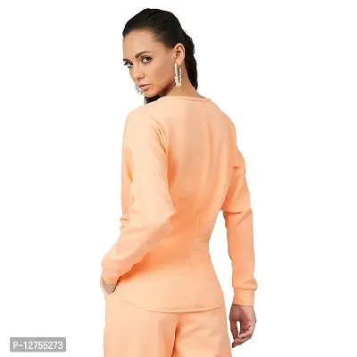 PoshBery Women's Fleece Round Neck Sweatshirt with Drop Shoulder & Front Tape Detail (Peach)-thumb5