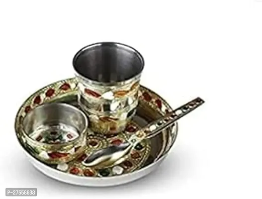 Pooja Bhog Thali Small 4 Pcs Set Multicolor Bhog Thali With Glass, Bowl, And, Spoon, Stainless Steel Made In India