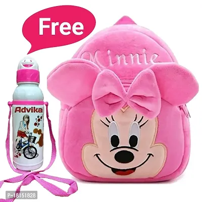 Pink Minnie  Kids School Bag Soft Plush Backpacks Cartoon Animal Character With Free Bottle For Girls Boys Age2-5 Years
