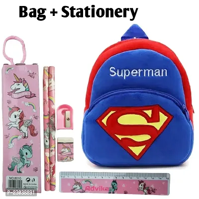 Superman Kids Bag With Free Water Bottle Kids Soft Cartoon Animal Velvet Plush School Backpack Bag for 2 to 5 Years Baby/Boys/Girls Nursery, Preschool, Picnic