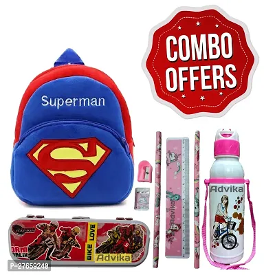 Superman Kids School Bag Soft Plush Backpacks Cartoon Boys Girls Baby (2-5 Years) Pack Of 4