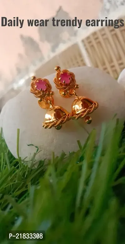 Ruby Jhumki Style Earrings with Pink Stones-thumb0