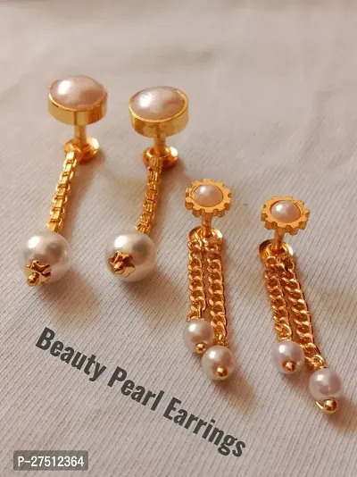 Gorgeous Gold Tone Pearl Studs With Chain Linked-thumb0