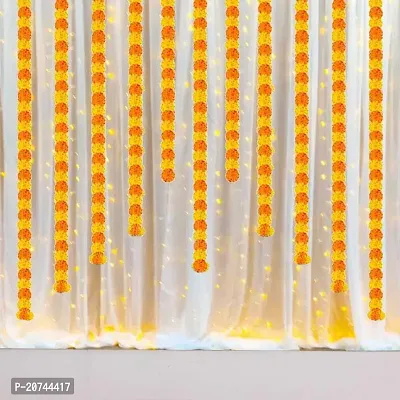 Ganpati Haldi Mehndi Decoration Combo: White Net Curtain Cloth Backdrop With Artificial Marigold Flowers - Perfect For Ganesh Chaturthi,Haldi Mehndi | Marigold Garlands Decoration 3-thumb0