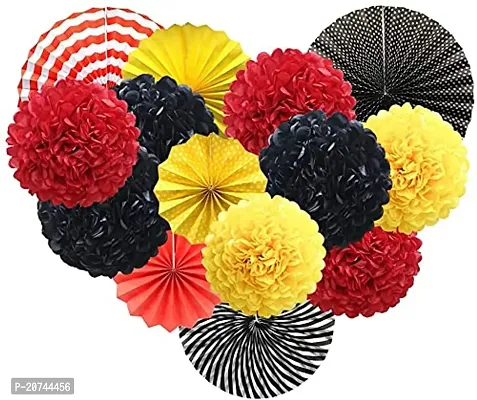 Hanging Party Decorations Set Tissue Paper Fan Paper Pom Poms Flowers For Wedding Birthday Bachelorette Graduation Party Kit (D-12 Red+Yellow+Black, Pack Of 18 Pc)