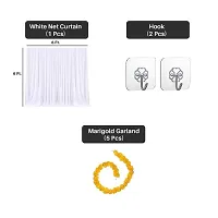 Ganpati Haldi Mehndi Decoration Combo: White Net Curtain Cloth Backdrop With Artificial Marigold Flowers - Perfect For Ganesh Chaturthi,Haldi Mehndi | Marigold Garlands Decoration 2-thumb1