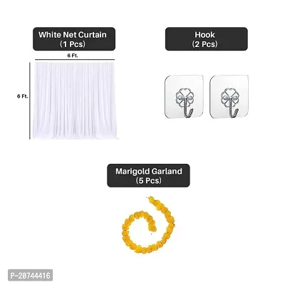 Ganpati Haldi Mehndi Decoration Combo: White Net Curtain Cloth Backdrop With Artificial Marigold Flowers - Perfect For Ganesh Chaturthi,Haldi Mehndi | Marigold Garlands Decoration 2-thumb2