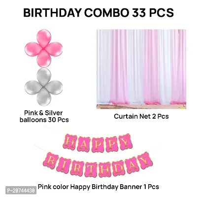 Birthday Decoration Items Kit | Vibrant Balloons, Stunning Decorative Curtain Net, Happy Birthday Banner | Ideal For Birthdays, Celebrations, And Events 33-Piece Combo (Pink  Silver)-thumb2