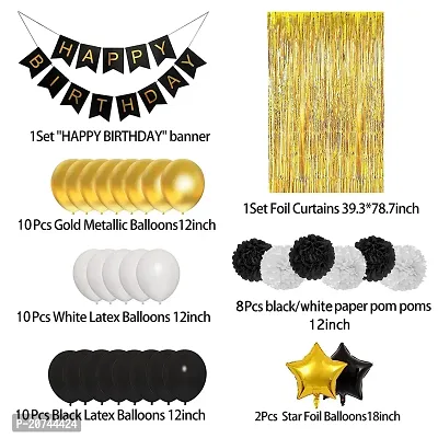 Birthday Decoration Kit: 43-Piece Combo - 30 Balloons, 2 Decorative Curtain Nets, 1 Happy Birthday Banner, 8 Black  White Pom Poms, 2 Star Foil Balloons (Gold, White  Black)-thumb2