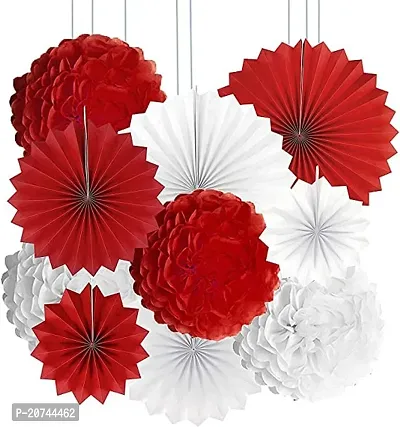 Party Decorations Set Tissue Paper Fan Paper Pom Poms Flowers For Wedding Birthday Bachelorette Graduation Party Kit (Pack Of 18Pc, White + Red)
