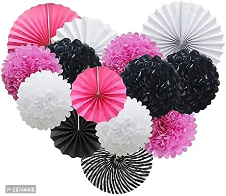 Hanging Party Decorations Set Tissue Paper Fan Paper Pom Poms Flowers For Wedding Birthday Bachelorette Graduation Party Kit (D-9 Pink+Black+White, Pack Of 18 Pc)