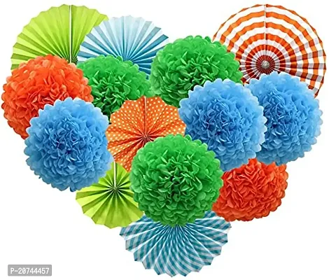 Hanging Party Decorations Set Tissue Paper Fan Paper Pom Poms Flowers For Wedding Birthday Bachelorette Graduation Party Kit (D-6 Blue+Green+Orange, Pack Of 18 Pc)