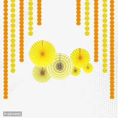 Ganpati Decoration Set: White Net Curtain Cloth Backdrop 2 Hook 6 Piec Paper Fan Combo With Artificial Marigold Flowers For Ganesh Chaturthi (Orange Yellow Flower Yellow Paper)
