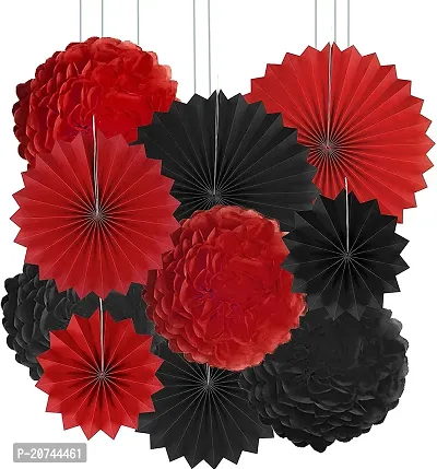 Party Decorations Set Tissue Paper Fan Paper Pom Poms Flowers For Wedding Birthday Bachelorette Graduation Party Kit (Pack Of 18Pc, Black + Red)