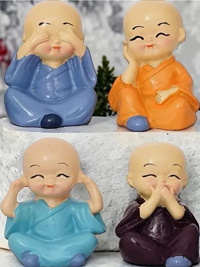 Resin Cute Kung Fu/Little Monks Laughing Buddha Statue, Multicolour, Small - Set of 4