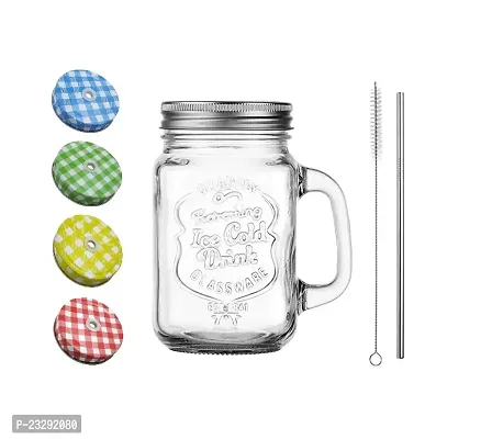 SAVE Mason Jar with Stainless Steel Straw | 450ml | Side handle | 2 Lids - 1 with Hole, 1 without Hole | Stylish Embossing Design (Straight Straw + Cleaning Brush)-thumb0