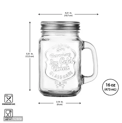 SAVE Mason Jar with Stainless Steel Straw | 450ml | Side handle | 2 Lids - 1 with Hole, 1 without Hole | Stylish Embossing Design (Straight Straw + Cleaning Brush)-thumb3