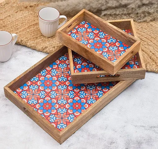 Naturahive Multi Blue Printed Wooden Serving Tray set of 3 with handles for Coffee/Tea/Drinks/cakes/snacks for kitchen ,home,table/office/Restaurant /decoration/gifting Printed Tray (17*10,10*10,10*6)