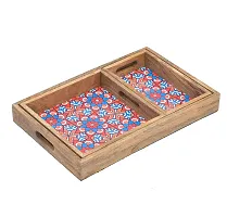 Naturahive Multi Blue Printed Wooden Serving Tray set of 3 with handles for Coffee/Tea/Drinks/cakes/snacks for kitchen ,home,table/office/Restaurant /decoration/gifting Printed Tray (17*10,10*10,10*6)-thumb1