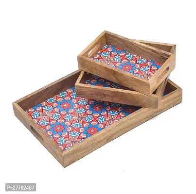 Naturahive Multi Blue Printed Wooden Serving Tray set of 3 with handles for Coffee/Tea/Drinks/cakes/snacks for kitchen ,home,table/office/Restaurant /decoration/gifting Printed Tray (17*10,10*10,10*6)-thumb3