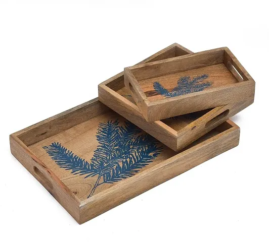 Naturahive Bagru Printed Wooden Serving Tray Set of 3 with Handles for Coffee/Tea/Drinks/Cakes/Snacks for Kitchen,Home,Table/Office/Restaurant/Decoration/Gifting/Bagru Printed Tray (17 * 11 * 2)