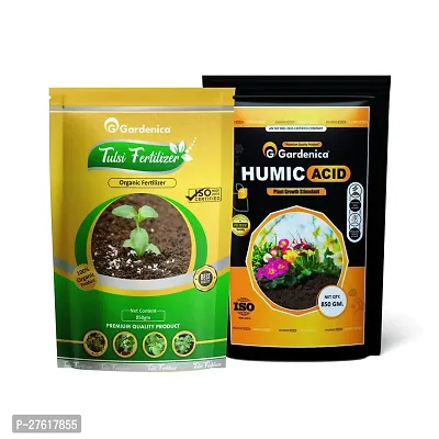 Gardenica Humic Acid and Tulsi Organic Fertilizer Combo And Humic Acid 98  potassium Humate and water soluble Organic Fertilizer For all plants and Ideal for Balconies Terraces and Home Garden.