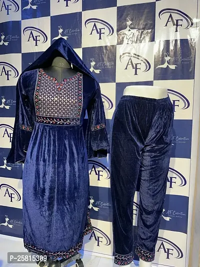 Elegant Navy Blue Banglori Silk Embellished A-Line Kurta, Bottom and Dupatta Set For Women