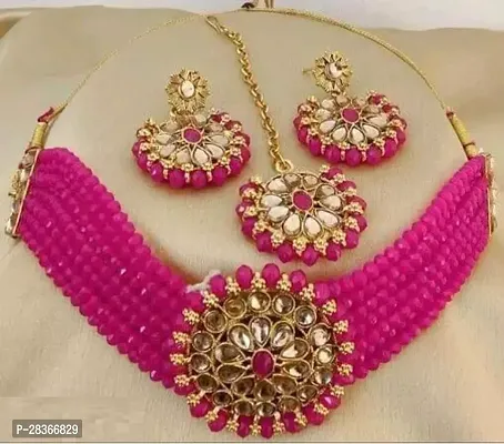 Stylish Pink Alloy Pearl Jewellery Set For Women-thumb0