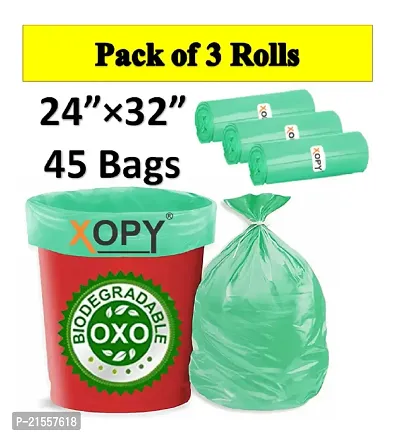 Premium Eco Friendly Oxo - Biodegradable Garbage Bags 24 X 32 Inches (Big Size) 45 Bags (3 Roll) Dustbin Bag/Trash Bag - Green Color