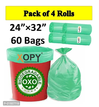 Premium Eco Friendly Oxo - Biodegradable Garbage Bags 24 X 32 Inches (Big Size) 60 Bags (4 Roll) Dustbin Bag/Trash Bag - Green Color