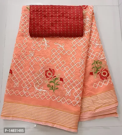 Trendy Orange Chanderi Cotton Saree With Blouse Piece For Women