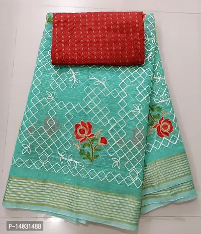 Trendy Sea Green Chanderi Cotton Saree With Blouse Piece For Women-thumb0