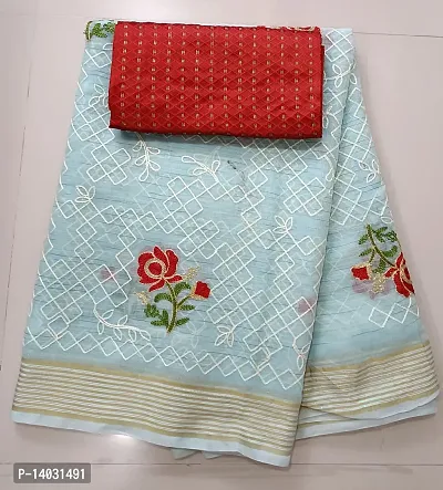 Trendy Sea Blue Chanderi Cotton Saree With Blouse Piece For Women