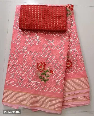 Trendy Pink Chanderi Cotton Saree With Blouse Piece For Women-thumb0