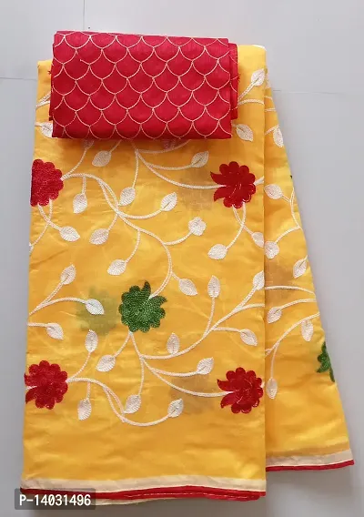Trendy Yellow Chanderi Cotton Saree With Blouse Piece For Women-thumb0