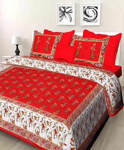 Queenie Brand Cotton Comfort 144 TC Rajasthani Jaipuri Traditional Double Bed Bedsheet with 2 Pillow-KERI-BW