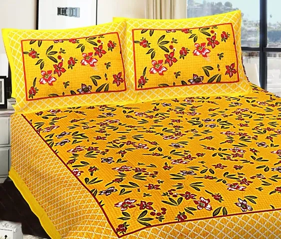 Queenie Brand Flower Print 144 TC 100% Cotton Double Bedsheet with 2 Pillow Covers,DarkYellow