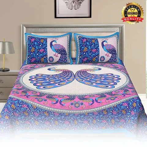 eTape Cotton Fabric Peacock Design Animal Printed Double Bedsheet with Two Pillow Cover(90 X 100)