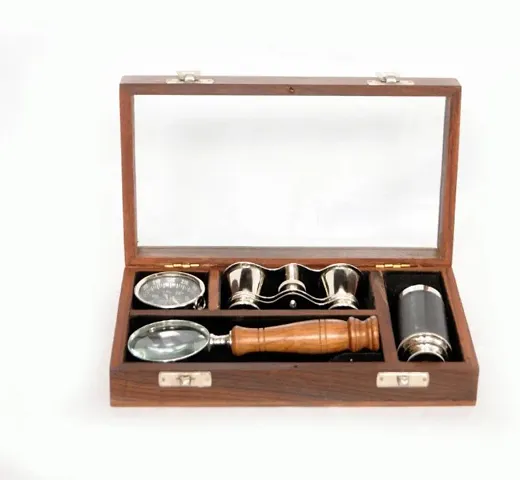 Premium Quality  Wooden gift box with Magnifier, Compass,Telescope and Binoculars.