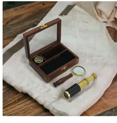 Premium Quality  Magnifying Glass, Brass Telescope, Compass with Wooden Box