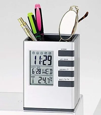 Cube Pen Stand with Digital Clock and Temperature