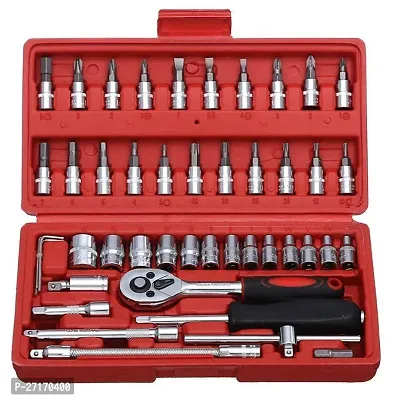 46 in 1 Pcs Combination Wrench Set/Socket for CarBike Repairing Hand Tool Long Handle Kit 46pcs Combo Tools Repair 1/4 Ratchet Torque Box for Spanner Force Kit, Tools