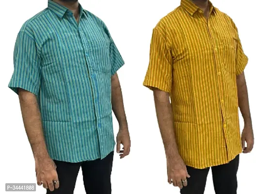 Stylish Khadi Cotton Striped Short Sleeves Casual Shirts For Men- Pack Of 2-thumb0